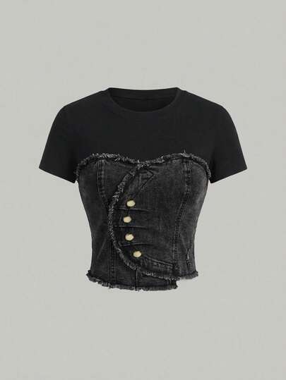 SHEIN MOD Plusstorlek Dam Casual 2 i 1 Rundhalsad Denimtopp, Mångsidig För Vardagsbruk