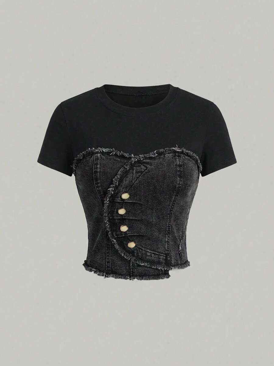 SHEIN MOD Blusa de mezclilla de cuello redondo casual y versátil de 2 en 1 para uso diario, talla grande para mujer - Negro - Ver 1