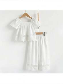 Loomiva Setelan Dua Potong Gaya Pedesaan Vintage untuk Anak Perempuan, Kerah Persegi, Lengan Lentera, Rumbai, dan Celana Panjang Lurus, Musim Panas, Serasi, Liburan Keluarga, Hari Raya - Putih - View 3