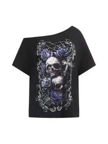 ROMWE Gothic Skull, Purple Rose & Spider Web Print Asymmetric Collar Plus Size T-Shirt - Black - View 1