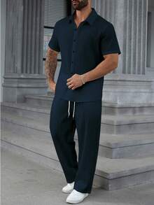 Manfinity Homme Conjunto de 2 piezas de camisa y pantalones de unicolor casual para hombres de talla grande, para verano - Azul Marino - Ver 4