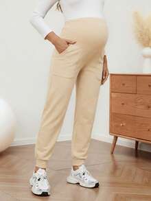 GentleRue Maternity 孕妇休闲日常通勤简约百搭运动可调节腰带侧袋慢跑裤 - 杏色 - 查看 1