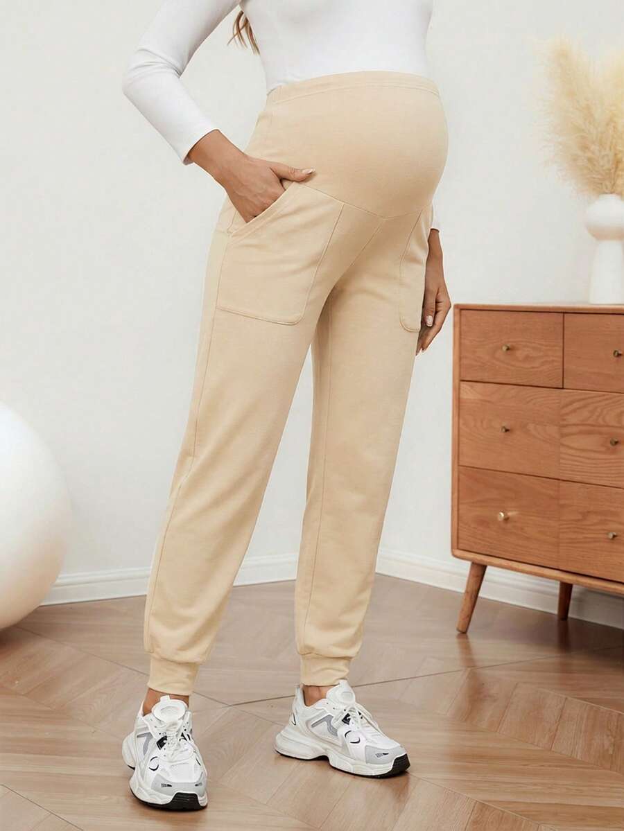 GentleRue Maternity 孕妇休闲日常通勤简约百搭运动可调节腰带侧袋慢跑裤 - 杏色 - 查看 1
