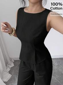 2 piezas Conjunto de camiseta de tirantes con nudo y pantalones casuales minimalistas para mujer, para uso diario - Negro - Ver 5