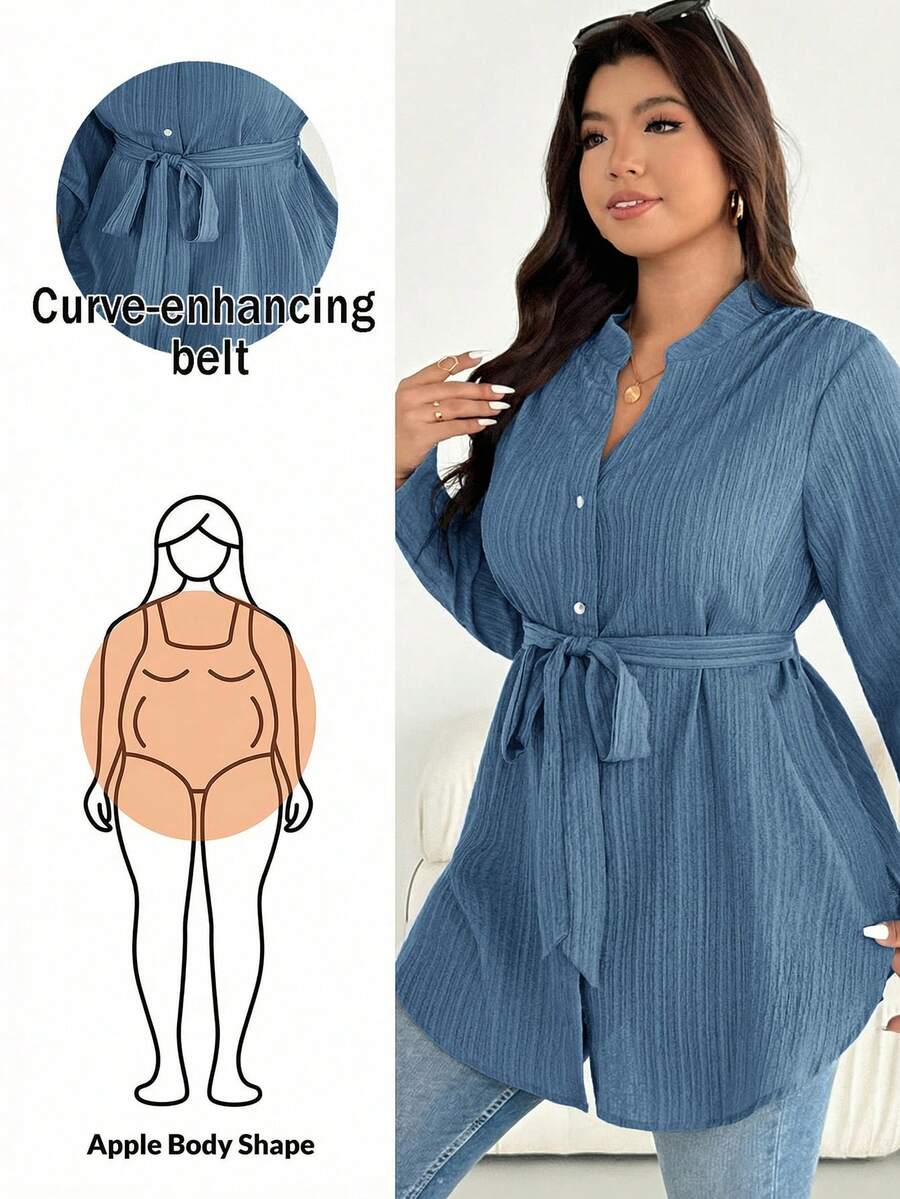 Shapeblank 大码女式秋冬时尚休闲宽松舒适日常纹理面料长袖衬衫,金属扣系带收腰设计,袖子可调节,秋季穿搭,女士衬衫,工作上衣 - 藍色 - 查看 1
