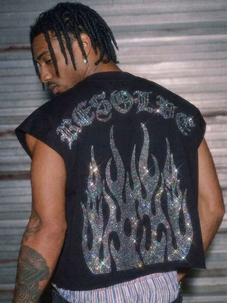 AXEPEAK 男士夏季时尚字母火焰水钻装饰背心