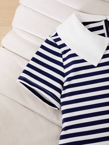 SHEIN Bộ đồ trẻ em Casuvi 2 món gồm áo thun tay ngắn cổ polo kẻ sọc và quần ống rộng dệt kim cho bé gái, phong cách retro Mỹ thường ngày, thích hợp mặc hàng ngày vào mùa xuân/hè. - Màu xanh hải quân - Xem 3