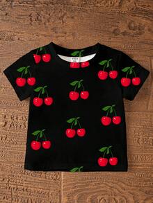 SHEIN 1 Set Baju dan Celana Pendek Bayi Perempuan Motif Buah Ceri Manis dan Lucu Gaya Liburan, Cocok untuk Musim Semi hingga Musim Panas - MultiWarna - View 6