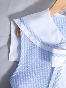 SHEIN 女童休闲甜美藏蓝色领子可拆卸蝴蝶结条纹连衣裙 - 藍色 - 查看 4