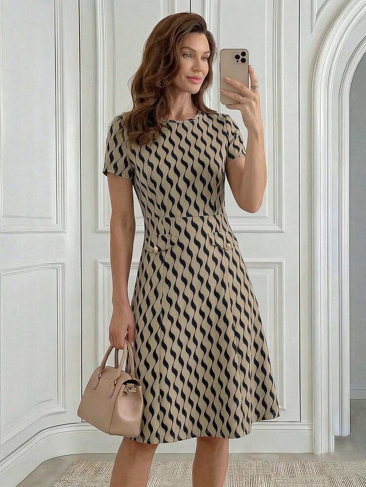 Wave Print Round Neck Short Sleeve Elegant Dress,Summer Dresses For Women Zigzag Dress Elegant Dress For Women New Arrival Casual Dresses For Women Summer Short Sleeve Dress,Summer Dress, Elegant Dresses For Ladies,Work Wear Women,Floral Dress