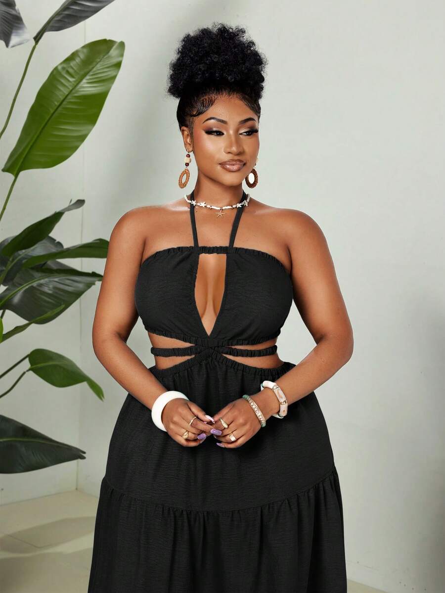 Maweii Plus Size Women Solid Color Halter Tie Ruched Casual Party Vacation Dress - Black - View 1