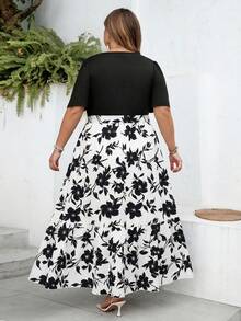 SHEIN CURVE+ 大码女式印花拼接休闲度假派对连衣裙 - 黑與白 - 查看 3