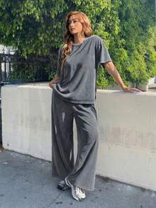 Muchica Plus Size 2pcs Set: Distressed Acetate Gray Melange Loose T-Shirt + Wide Leg Pants, Cotton Suit, Comfortable Spring/Summer Outfit Casual Sets For Women - Dark Grey - View 4