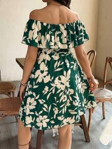 SHEIN 孕妇碎花荷叶边露肩休闲度假连衣裙 - 墨綠色 - 查看 2