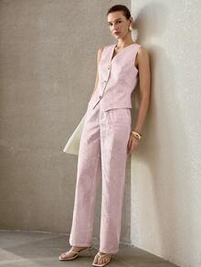 MOTF PREMIUM Bộ đồ hai mảnh dành cho nữ: áo vest không tay cổ chữ V bằng chất liệu ánh kim, gồm áo vest và quần. - Hồng - Xem 3