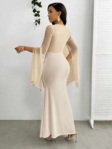 SHEIN Lady 女士纯色网纱拼接长袖修身连衣裙，包臀鱼尾下摆，优雅连衣裙 - 杏色 - 查看 2