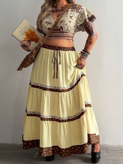 Whyspr New Arrival Boho Western Style Patchwork Ditsy Floral Elastic Waist Asymmetric Hem Skirt, Suitable For Spring, Summer, Fall