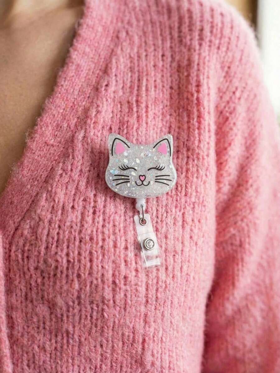 Joivida 1个可爱猫咪徽章卷轴，可扩展，适用于护士、医务人员、教师 | 笑脸猫咪趣味徽章夹，带鳄鱼夹 - 多色 - 查看 1