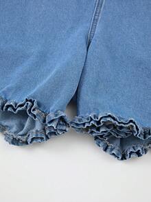 GlowEve Women's Solid Color V-Neck Ruffle Pleated Denim Bib Shorts - Blue - View 5