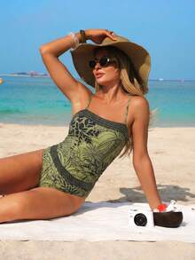 Swim Lushoire 女士成熟度假时尚优雅夏季沙滩轻奢波西米亚风黑色线条热带棕榈叶印花抹胸吊带比基尼上衣，饰有编织带饰边拼接设计，搭配黑色和银色交织带高腰比基尼下装，两件式泳衣套装，吊带背心比基尼套装，成熟性感，适合度假、春假、秋季节日、春季促销、海滩度假风。波西米亚风比基尼套装。热带棕榈叶印花比基尼。海岸风情。 - 彩色 - 查看 3