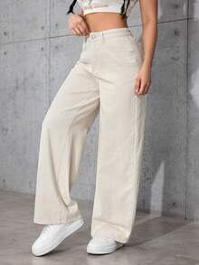 SHEIN PETITE Jeans rectos y sueltos de color liso clásico informal - Albaricoque - Ver 4