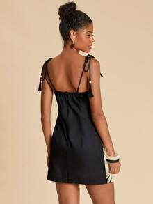 Travachic Women's Vacation Floral Print Spaghetti Strap Tassel Dress, Spring/Summer - Black - View 2