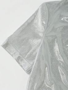 Franclia Fashionable Slim Fit V-Neck Unique Criss-Cross Pleated Short Sleeve T-Shirt Silver T Shirt Satin T Shirt Blouses For Women T Shirt Silk T Shirt Blouse For Women Silver T-Shirt Satin T-Shirt Yk2k Tops Silver Blouse Shimmer Blouse Womens Top - Silver - View 3