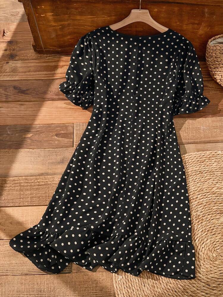 Plus Size Women's Spring Casual Vacation Brown Polka Dot Ruffle Petal Sleeve Dress
