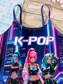 SHEIN Áo tắm liền thân in hình cô gái anime KPOP thời trang, hình hoạt hình cô gái K-POP, kiểu dáng tối giản, phù hợp cho mùa hè. - Nhiều màu - Xem 4