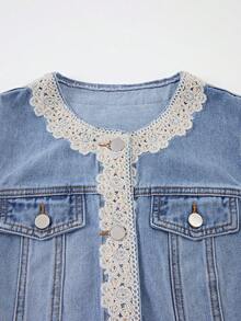 GlowEve Áo khoác denim không tay viền ren phong cách thường ngày mùa hè dành cho nữ - Màu xanh lam - Xem 4