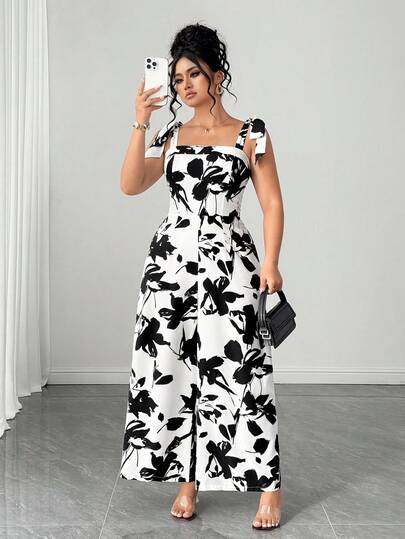 Elenzga Plus Size Women's Black & White Floral Print Bow Strap Fitted Wide Leg Jumpsuit, Suitable For Spring/Summer Casual Vacation