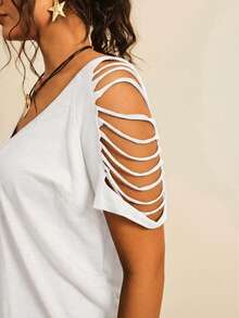 Freevana 大码女式休闲纯色露肩短袖T恤，夏季 - 白色 - 查看 5