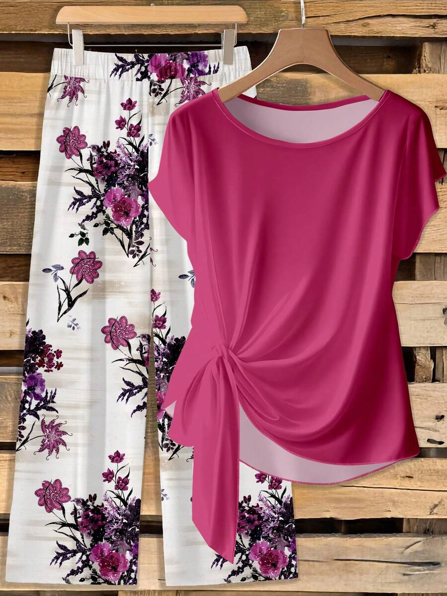 EMERY ROSE 女士紫色花卉撞色系带蝴蝶结上衣和直筒宽松裤两件套，休闲款 - 彩色 - 查看 1