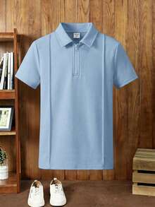 SHEIN 青少年男童海军蓝简约廓形 Polo 衫，休闲学院风，舒适时尚，百搭实用，面料柔软，适合日常穿着、上学、外出、返校季、假期、派对、夏季海滩度假、春夏穿着。 - 藍色 - 查看 4