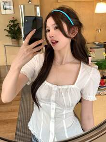 DAZY Women's Square Neck Casual Short Sleeve Shirt - White - View 1