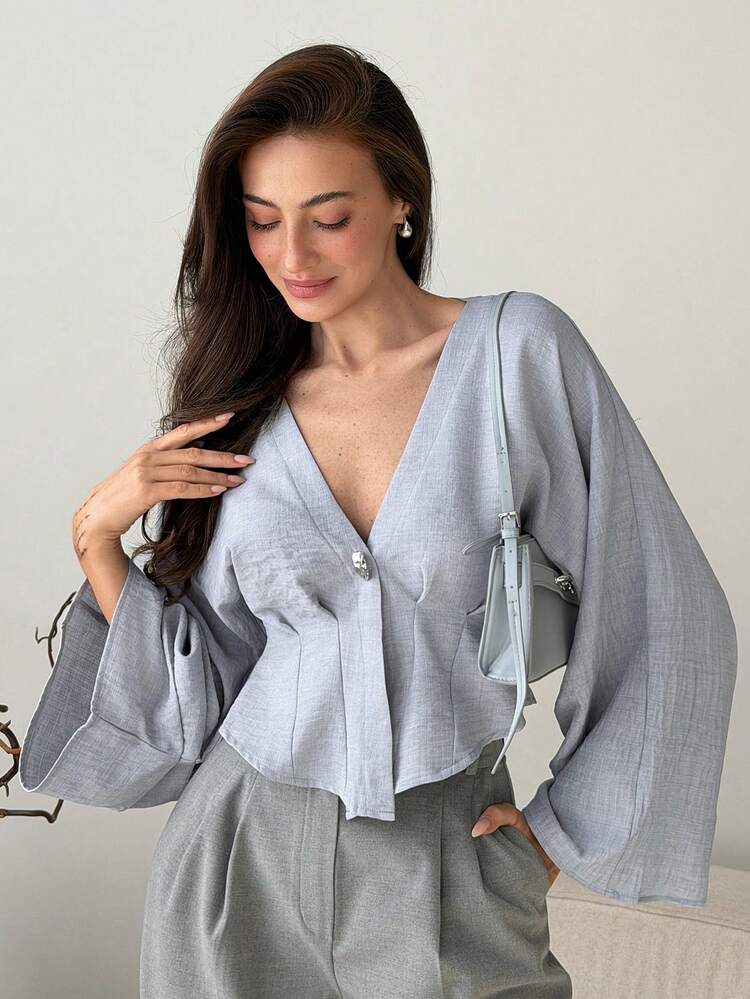 Women's Solid Color Pleated Waist Cropped V-Neck Long Sleeve Elegant Formal Summer Blouse