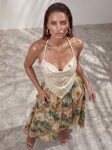 Glamine Áo hai dây hở lưng cổ yếm bằng vải lưới đính sequin màu mơ mùa hè dành cho nữ - Màu be - Xem 6