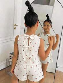 SHEIN 青少年女孩春/夏休閒度假櫻桃印花碎花背後蝴蝶結背心與配套短褲梭織套裝，修身穿搭 - 杏色 - 查看 5