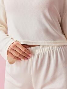 Bonmuse 女士针织混纺长袖上衣和短裤两件套家居服，柔软弹力睡衣，舒适保暖，秋冬服装 - 米色 - 查看 8