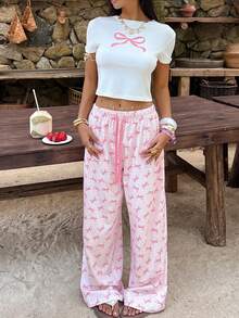 Aloruh 女士蝴蝶结印花短袖露脐T恤和阔腿裤休闲两件套 - 白色 - 查看 4