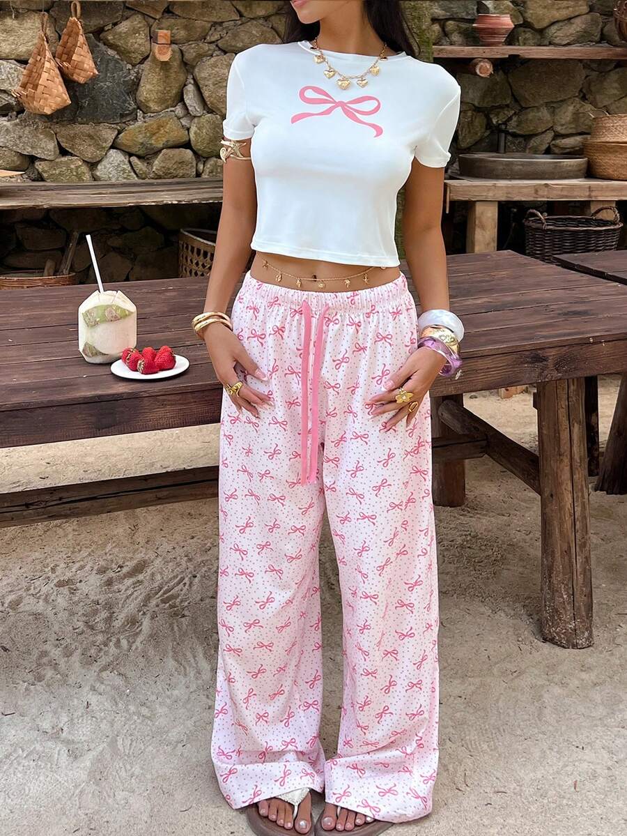 Aloruh Conjunto informal de 2 piezas de camiseta corta de manga corta con estampado de lazo y pantalones de pierna ancha para mujer