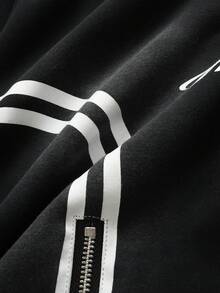 ROMWE MEN 男士撞色条纹印花抽绳腰带街头短裤 - 黑色 - 查看 2