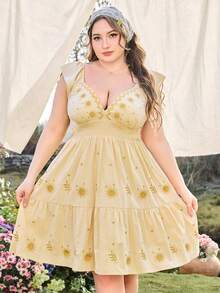 ROMWE Spring / Summer Fairycore Embroidered Sun & Leaf Cap Sleeve Dress, Elegant Vintage Plus Size Women Dress, Vacation - Beige - View 8
