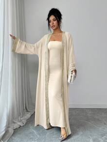 Rafferiza 女士春秋季服装，约会装，中东长袍和紧身针织连衣裙两件套，黑色 - 杏色 - 查看 7