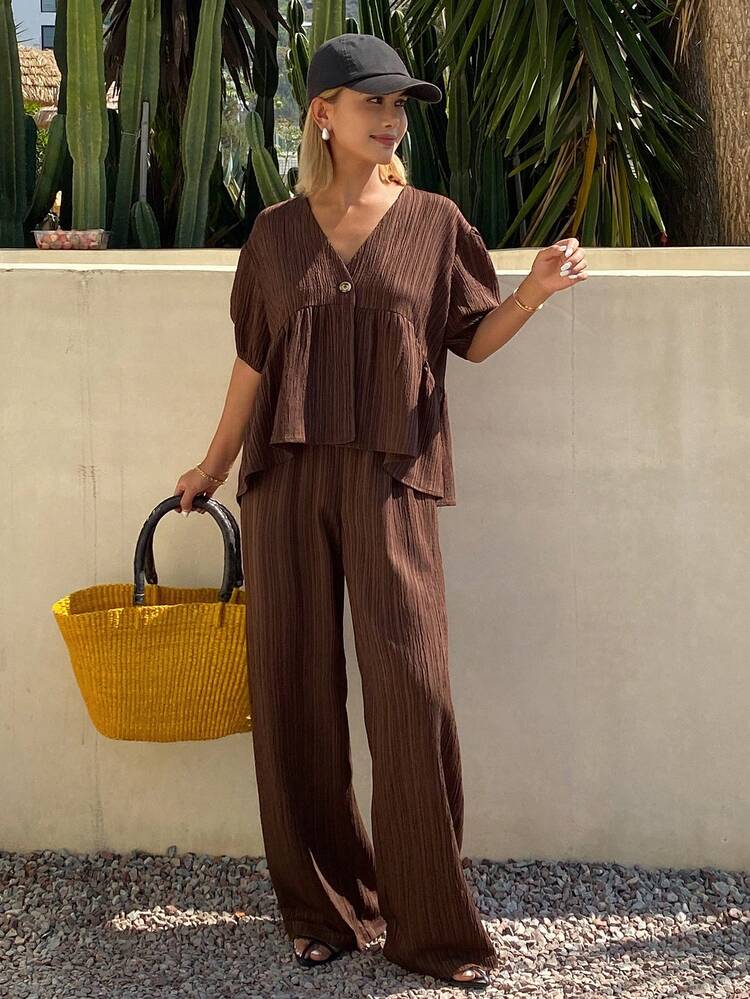 Women's Casual Loose Vacation Style Short Shirt And Straight Leg Pants 2 Pieces Set, Spring/Summer