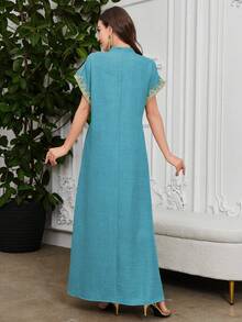 Al Najma Đầm thanh lịch cổ tàu thêu hoa tay raglan - Màu xanh lam - Xem 2