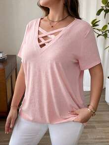 EMERY ROSE Plus Size Baby Pink V Neck Short Sleeve Criss Cross Casual T-Shirt With Plain Knitted Fabric - Baby Pink - View 4
