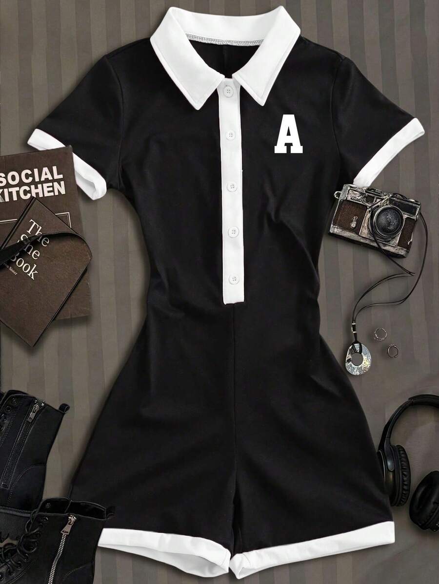 少女夏季休闲运动撞色滚边纽扣半拉链连体衣 - 黑色 - 查看 1