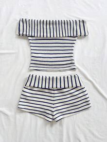 Soleia 1套女款露肩條紋兩件式套裝，海軍藍與白色，夏季休閒海灘度假假日郵輪旅行穿搭 - 藍白色 - 查看 2