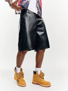 PAVTROS Men's Black Shorts, Crocodile Embossed PU Leather Shorts, Fashion Versatile Bermuda Shorts - Black - View 4